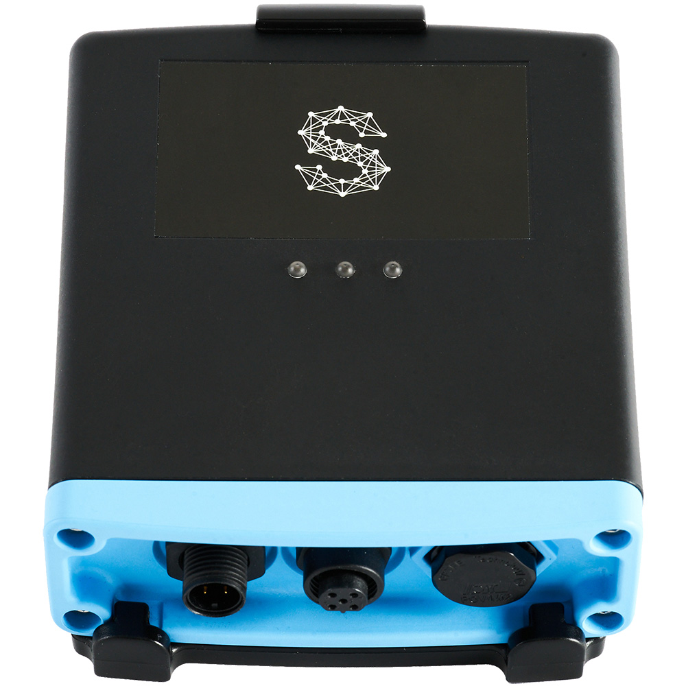 Black and blue electronic device with connectors.