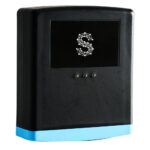 Black electronic device with geometric 'S' logo.