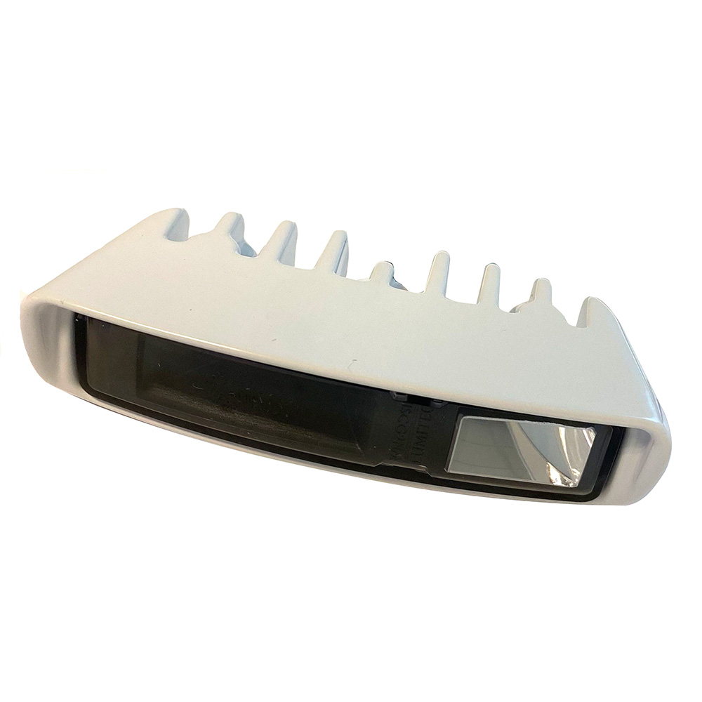 White automotive roof spoiler with integrated light.