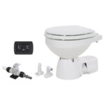 Electric marine toilet with control panel and fittings.