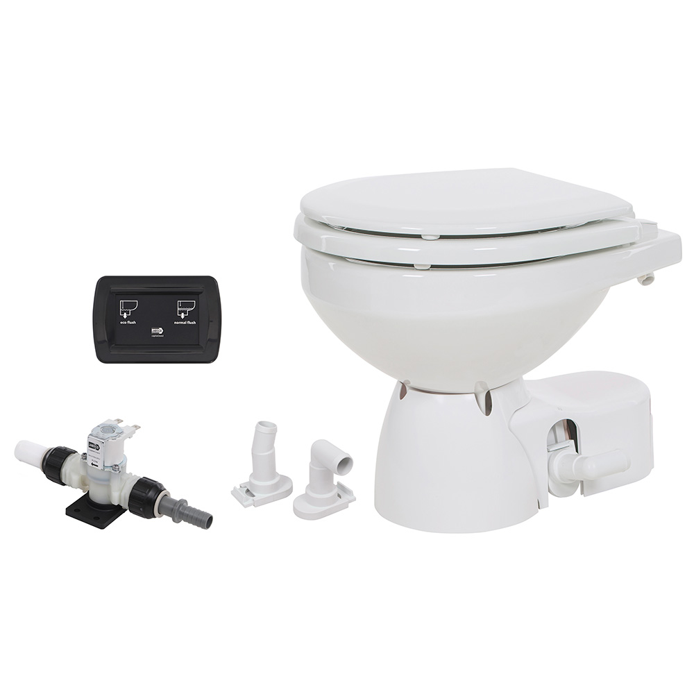 Electric marine toilet with control panel and fittings.