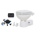 Boat toilet system with parts and control panel.