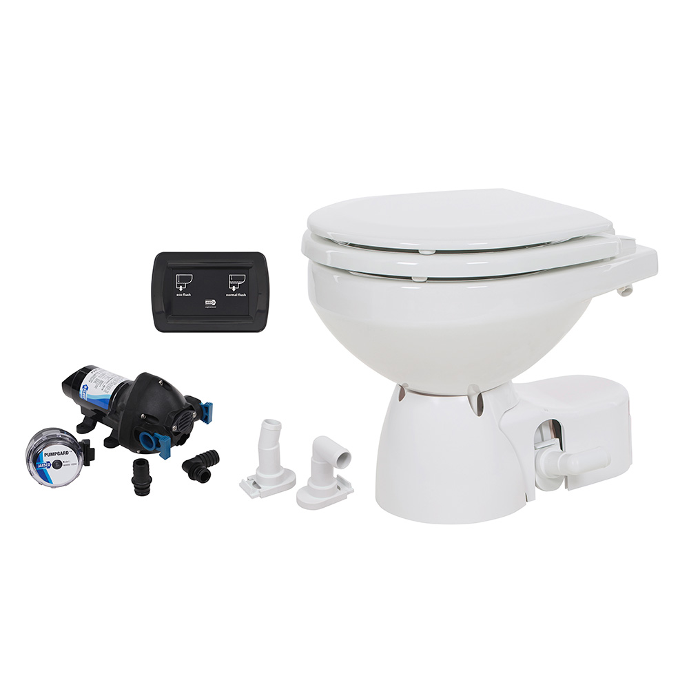 Boat toilet system with parts and control panel.