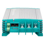Compact power inverter with connectors and switches.