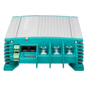 Compact power inverter with connectors and switches.