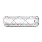 Clear reinforced PVC pipe with red, blue lines