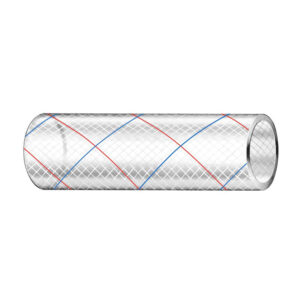 Clear reinforced PVC pipe with red, blue lines