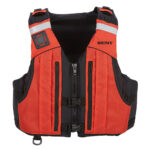 Orange and black safety life vest with zippers.