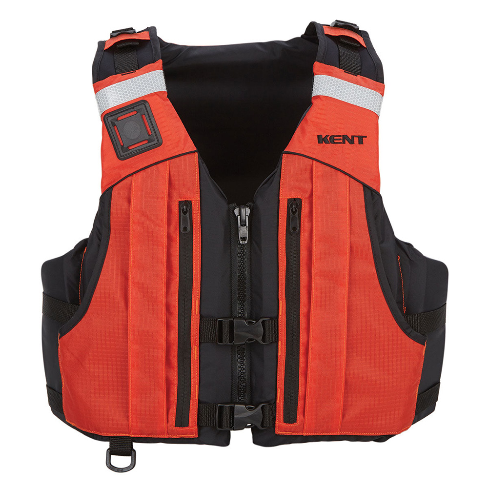 Orange and black safety life vest with zippers.
