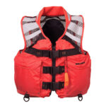 Red safety life jacket with black straps.