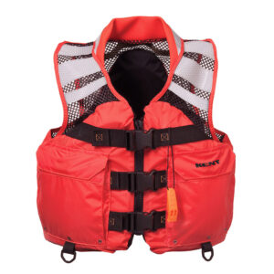 Red safety life jacket with black straps.