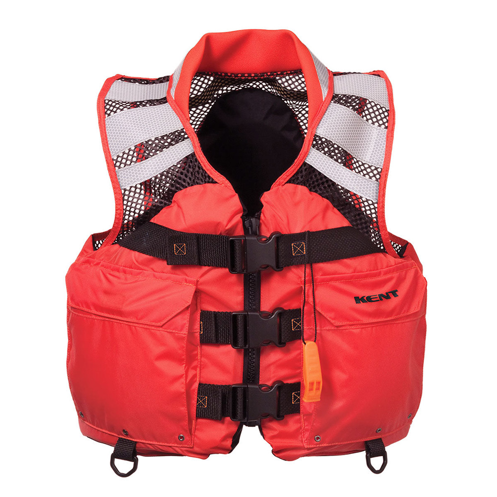 Bright orange life vest with buckles and whistle.