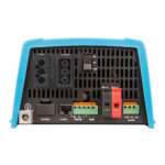 Rear view of electrical device ports and switches.