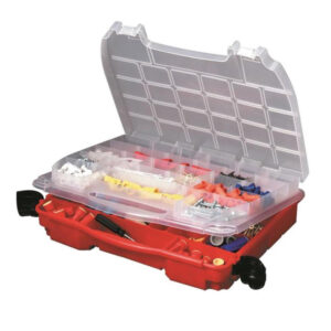 Open red tool organizer with compartments and supplies.