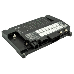 Black electronic control module with multiple connectors.