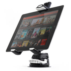 Tablet with mounting holder displaying Netflix interface.