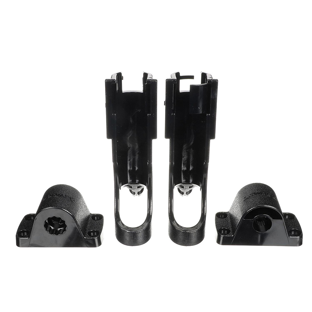 Black mounting brackets for furniture or shelving.
