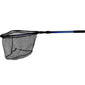 Fishing net with black mesh and blue handle