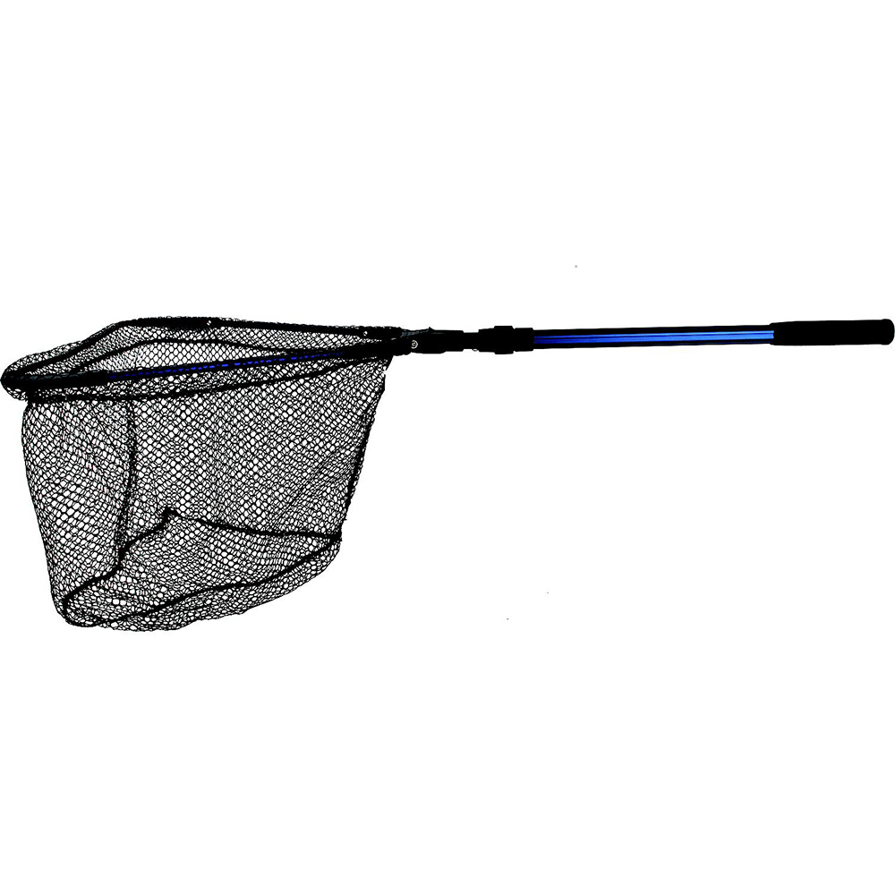 Fishing net with black mesh and blue handle