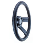 Black car steering wheel up close