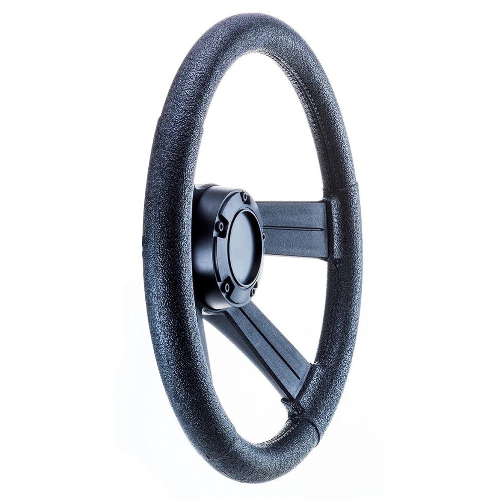 Black car steering wheel up close