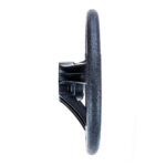 Side view of a black rubber steering wheel.