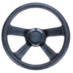 Black leather steering wheel, three-spoke design