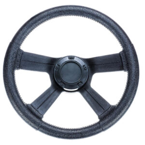 Black leather steering wheel, three-spoke design