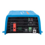 Blue power inverter, various connections displayed.