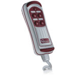 Red and gray remote control with buttons