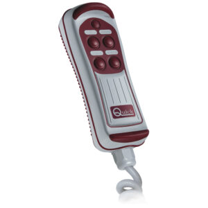 Red and gray remote control with buttons