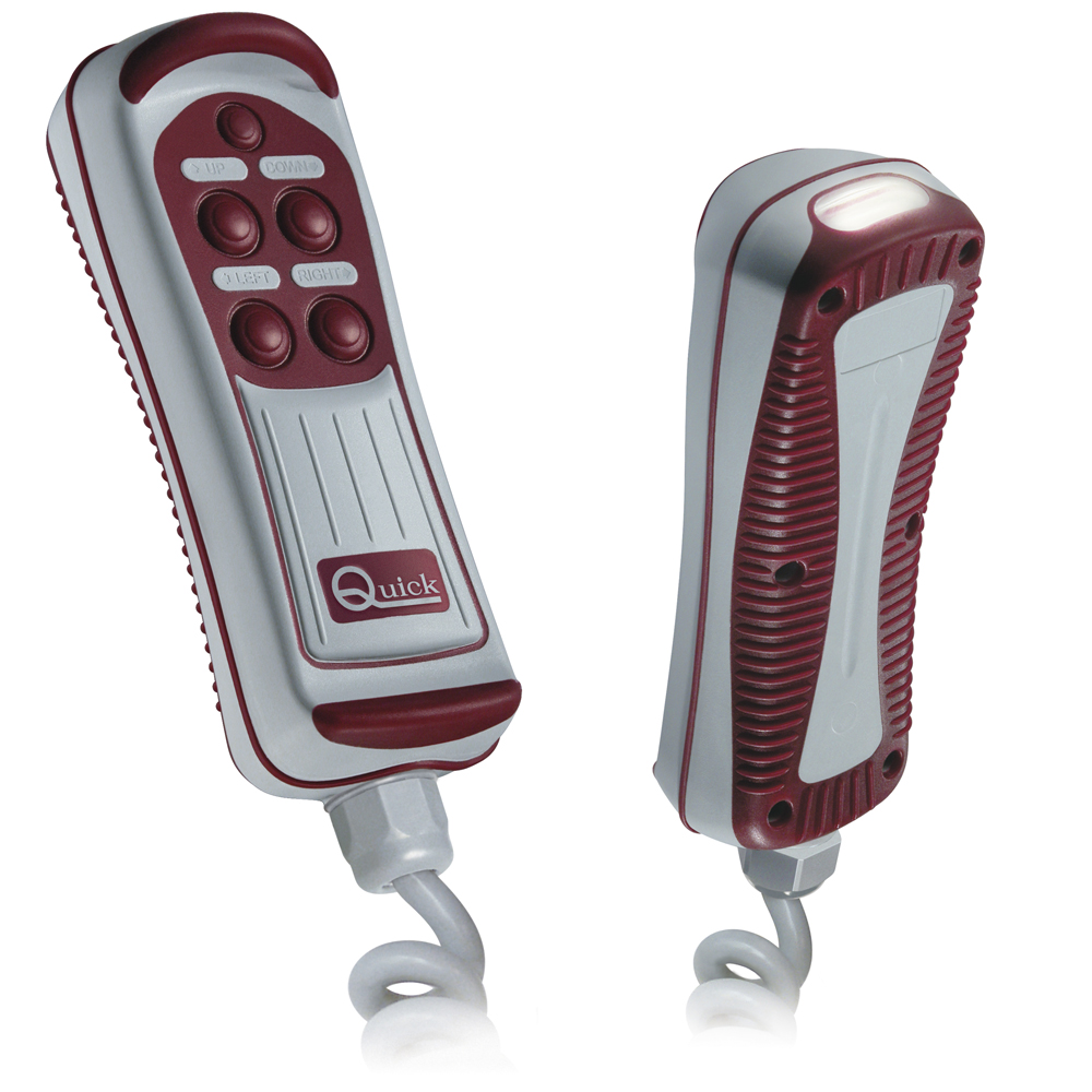 Red and white remote control with buttons