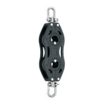 Black double pulley block with metal hooks.