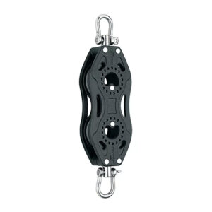 Black double pulley block with metal hooks.
