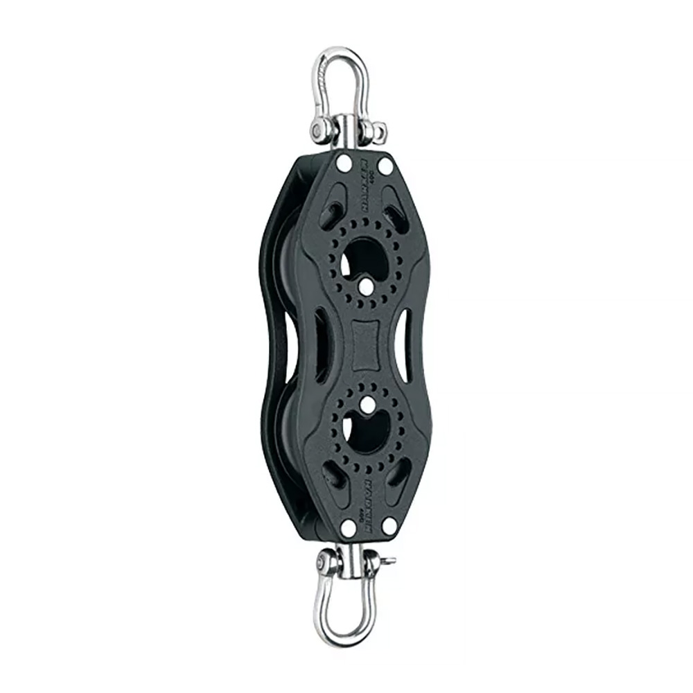 Black double pulley block with metal hooks.