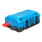 Blue power inverter with cooling vents and connectors.