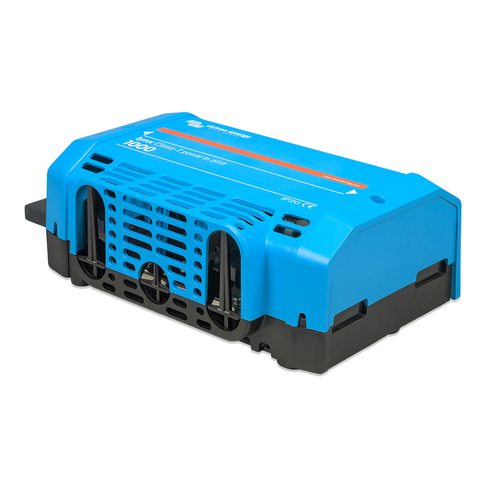Blue power inverter with ventilation design.