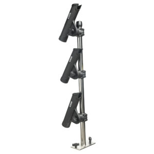 Triple fishing rod holder rack, metal and plastic.