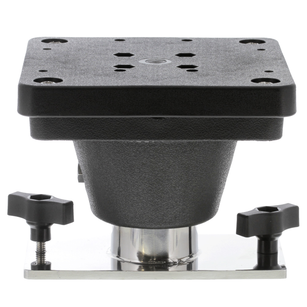 Black adjustable mounting bracket on metal base.