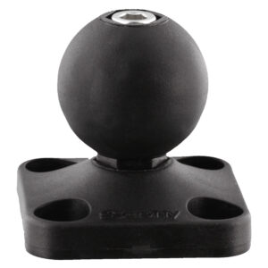 Black mount with four holes and spherical joint.