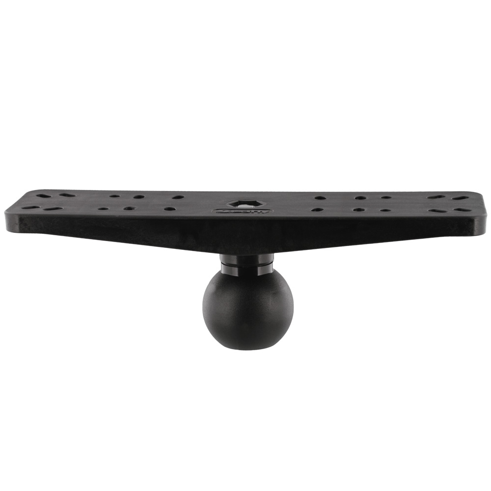 Black universal mounting bracket plate with ball attachment.