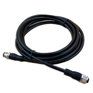 Coiled black electrical cable with connectors.
