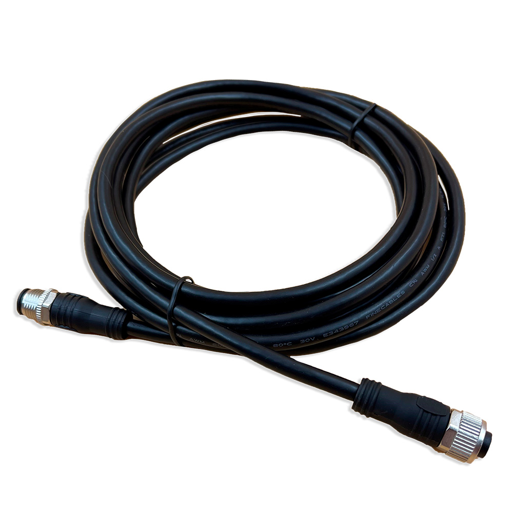 Coiled black electrical cable with connectors.