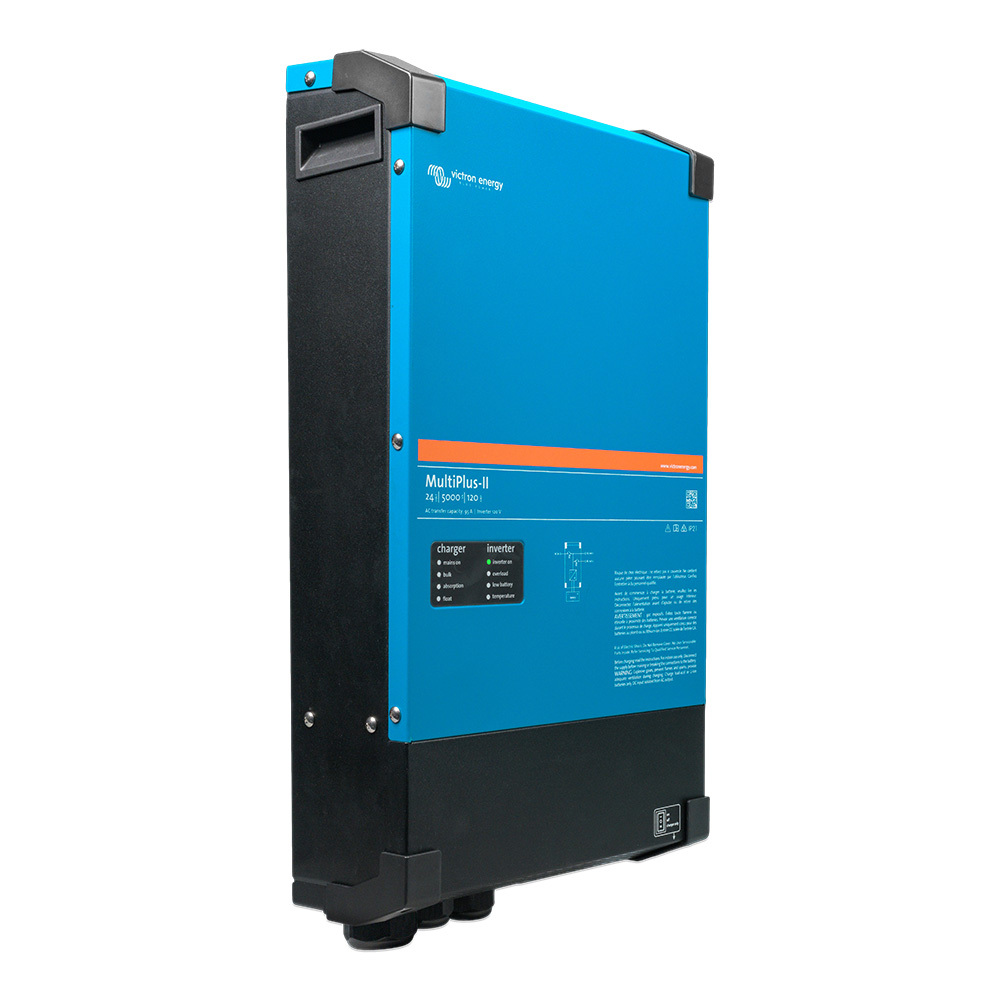 Blue MultiPlus-II inverter on white background.