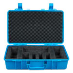 Blue protective case with foam compartments open.