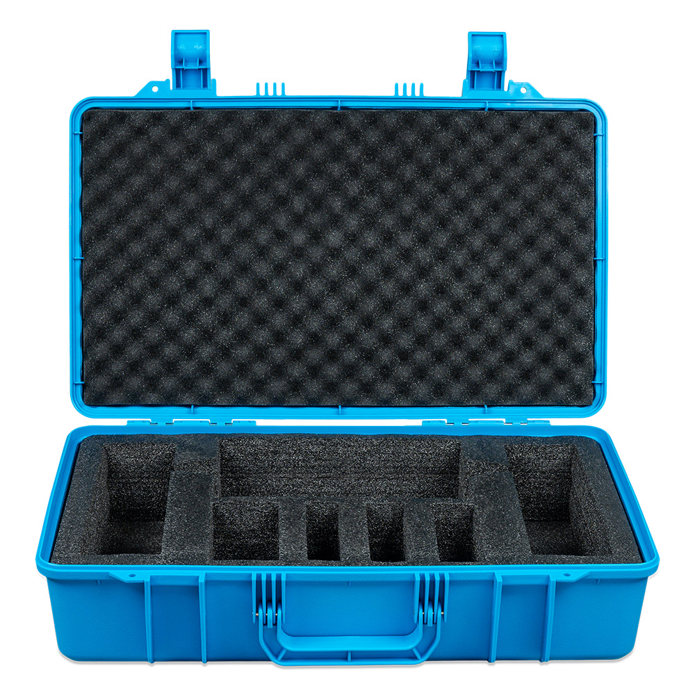Blue protective case with foam compartments open.