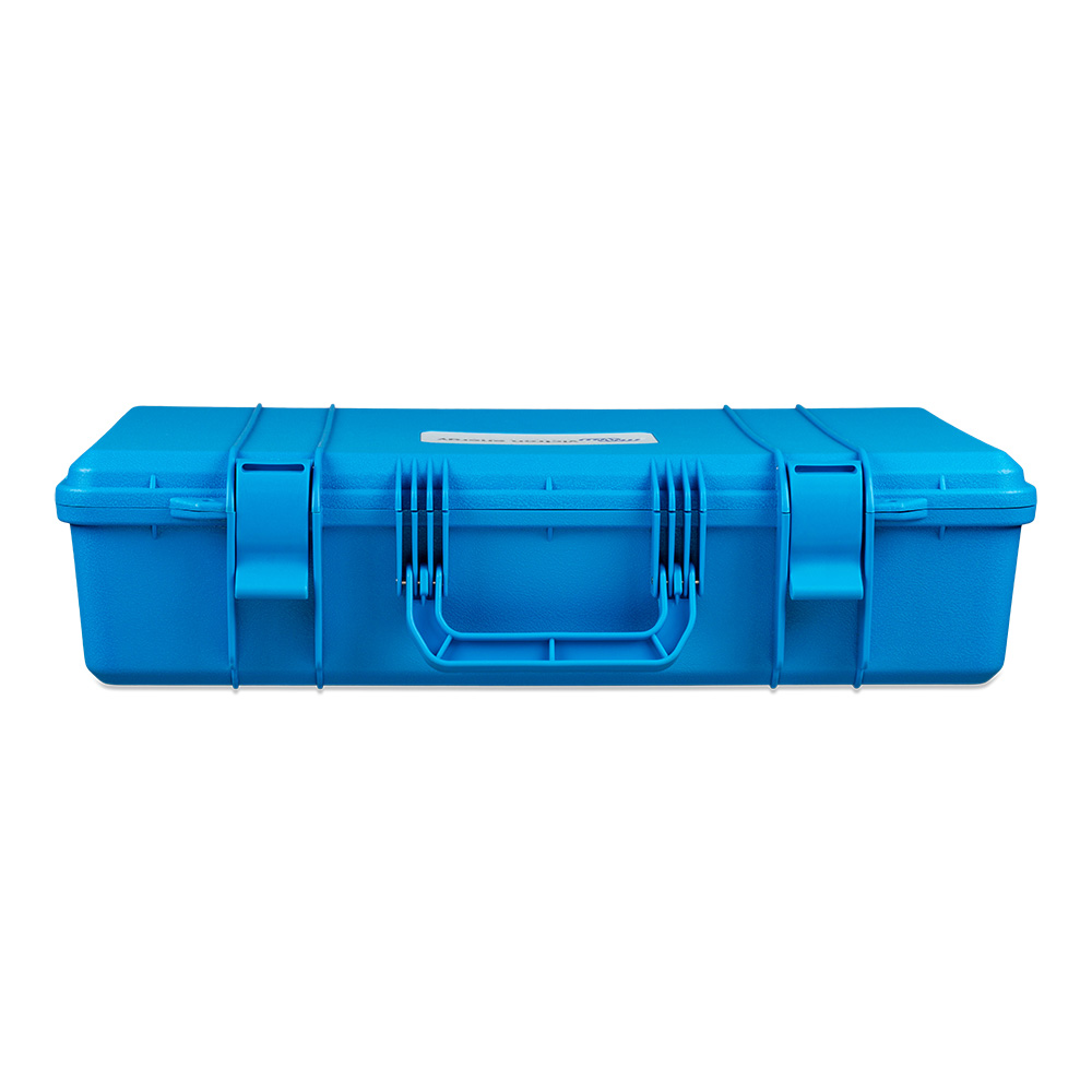 Blue plastic toolbox with secure latches.