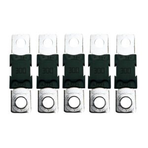 Five 300 amp automotive blade fuses in a row.