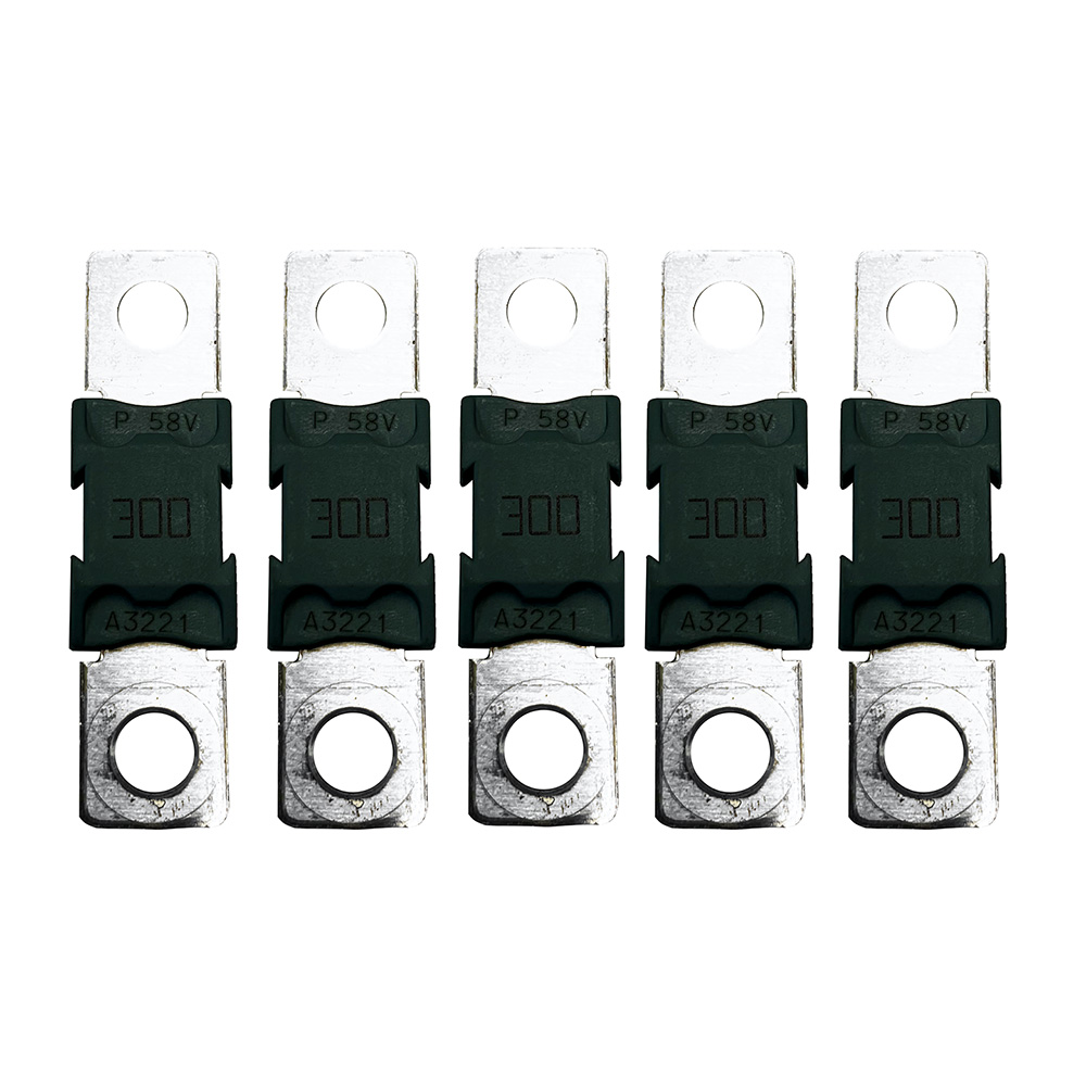 Five 300 amp automotive blade fuses in a row.