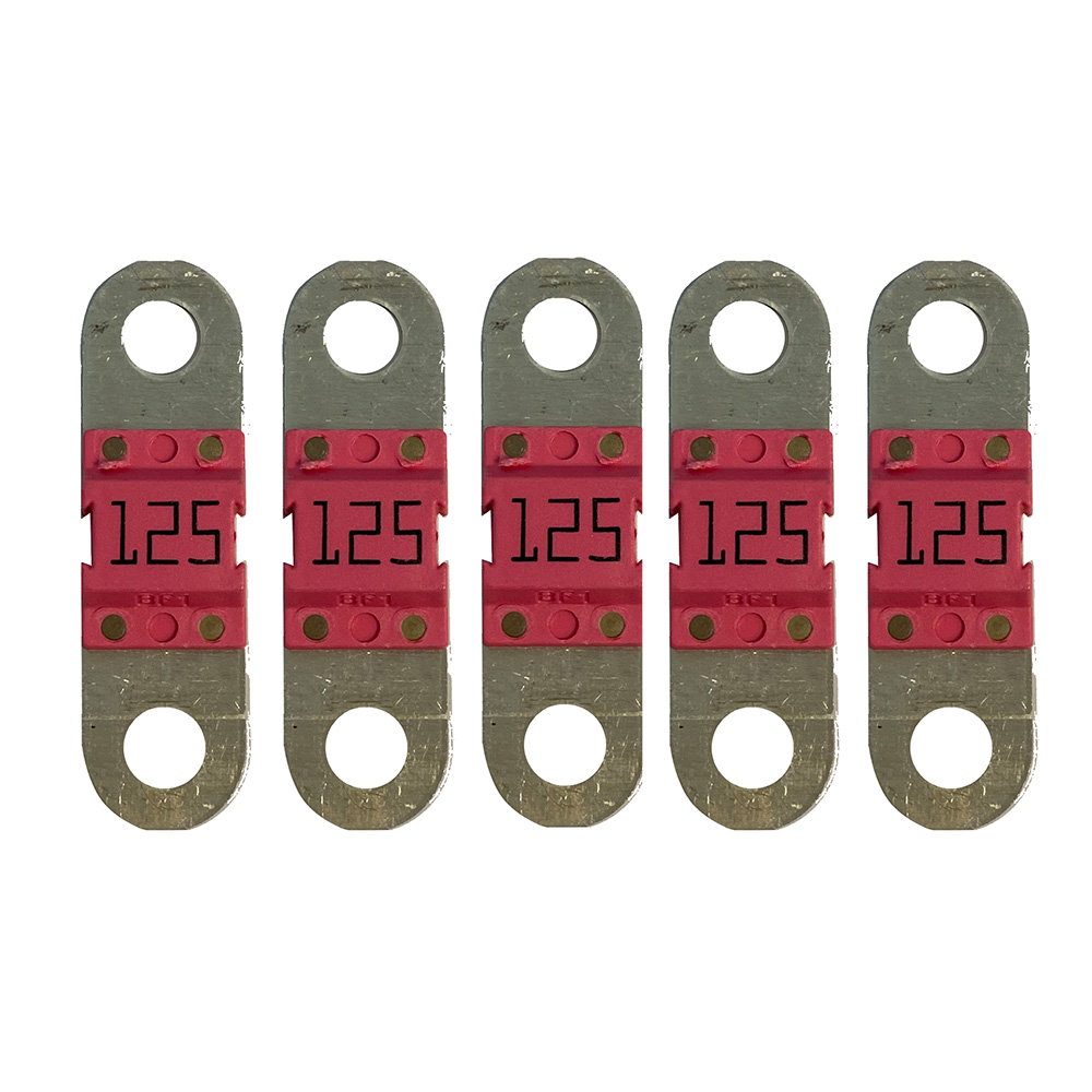 Five pink automotive blade fuses, 125 amp rating.
